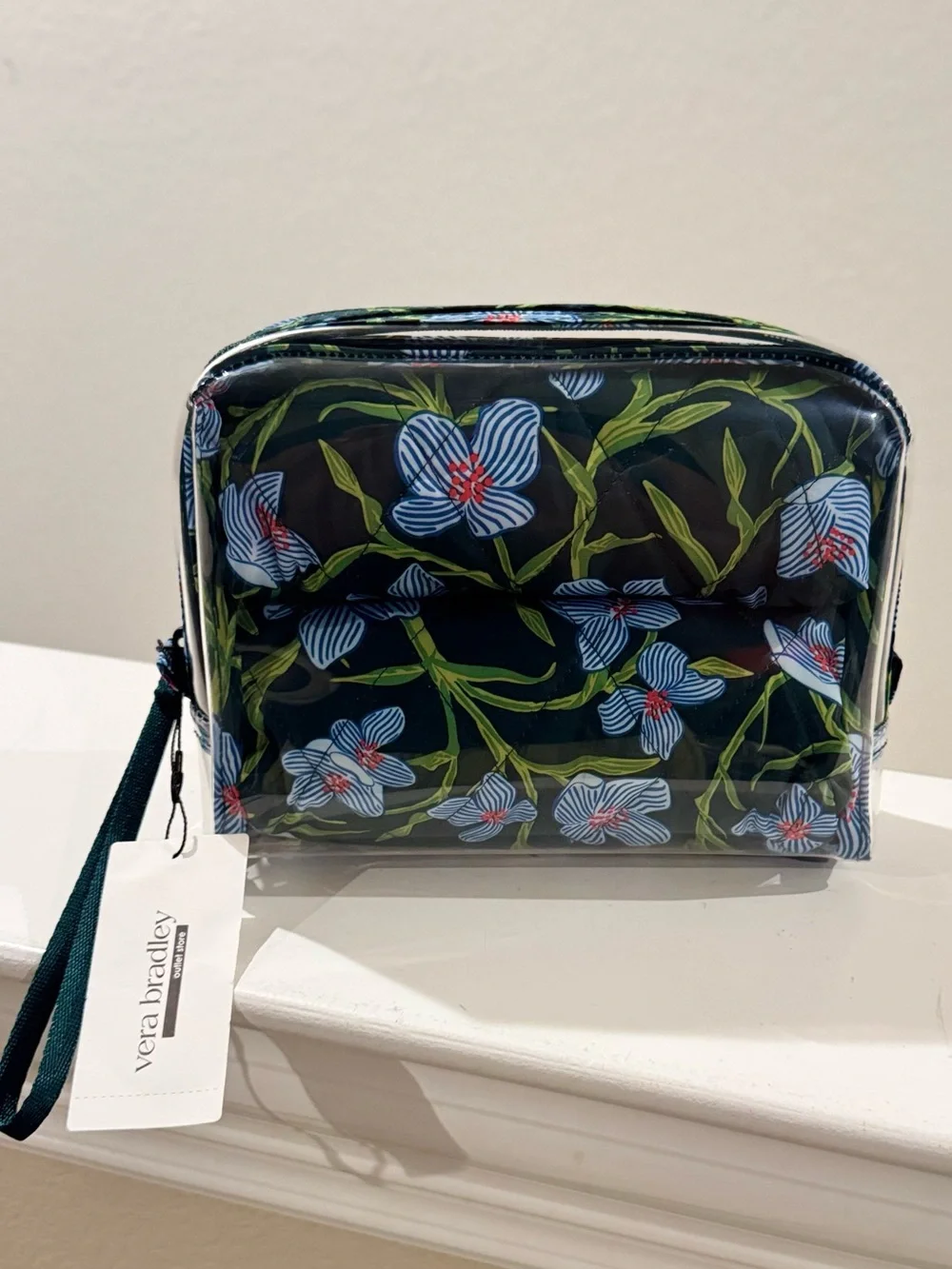 VERA BRADLEY Clear 3 Piece Cosmetic Set in Dark Green with Blue Flowers. NEW !